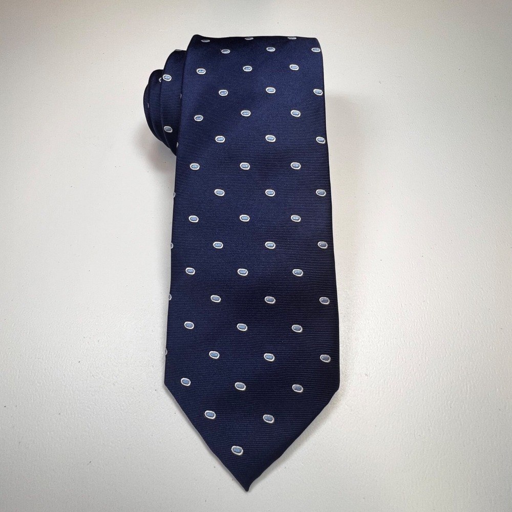 Jeff Banks‎ London Men's Tie Navy Blue Polka Dot Jacquard  100% Silk Necktie